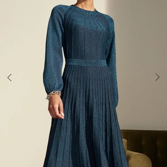 THE FOLD London Lumia Knitted Long Sleeve Pleated Midi Dress in Metallic Blue - Picture 2 of 16
